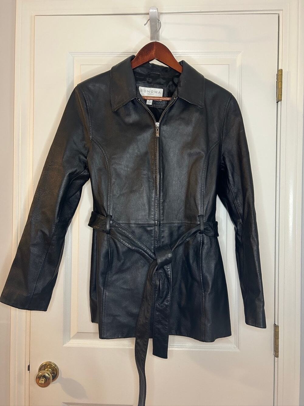 Sonoma Lifestyle Black Leather Belted Jacket Womens Medium Zip Front Coat